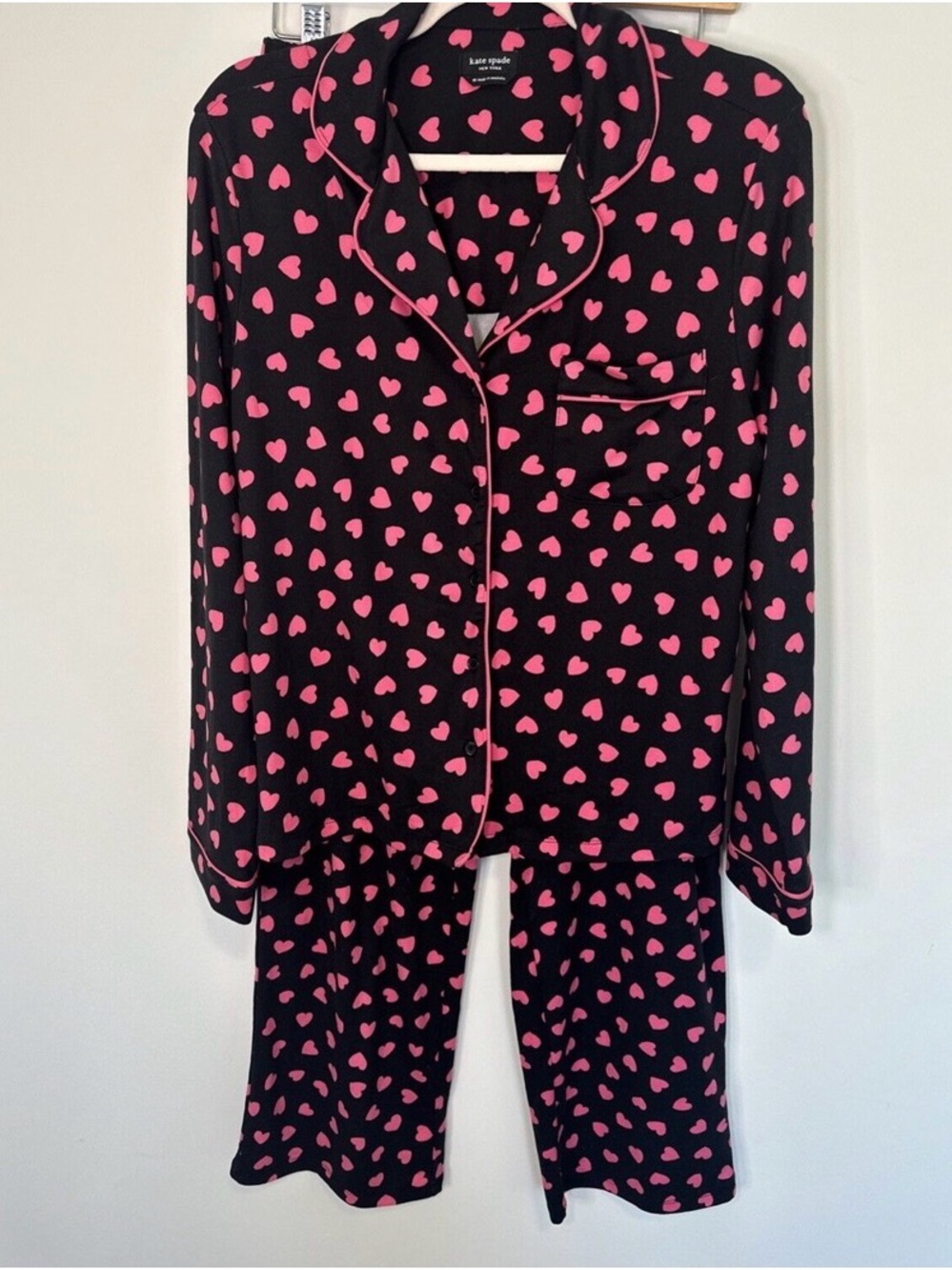 NEW kate spade Black 2 PIECE Pajama Set Pink Hearts SO SOFT & STRETCHY NEW TAGS